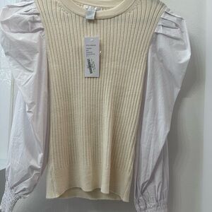 Design History Cream Ribbed Blouse with White Puff Sleeves